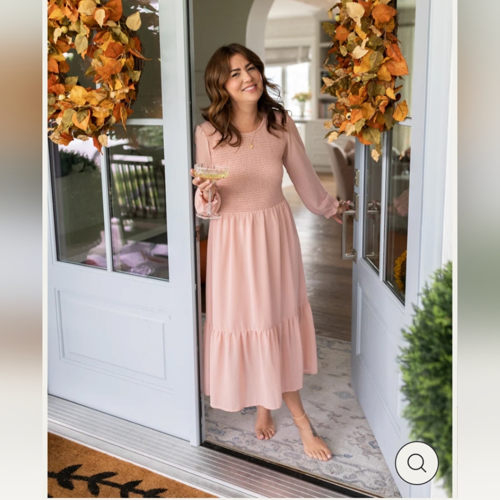 Women's Blush Pink Midi Dress - Long Sleeve Smocked Bodice
